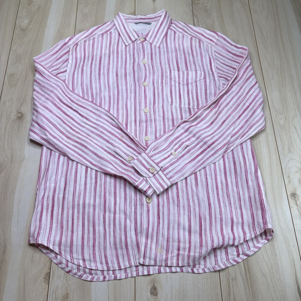 Tommy Bahama Mens 100% Linen Button Up Striped Shirt Large Long Sleeve Red White - Picture 1 of 14